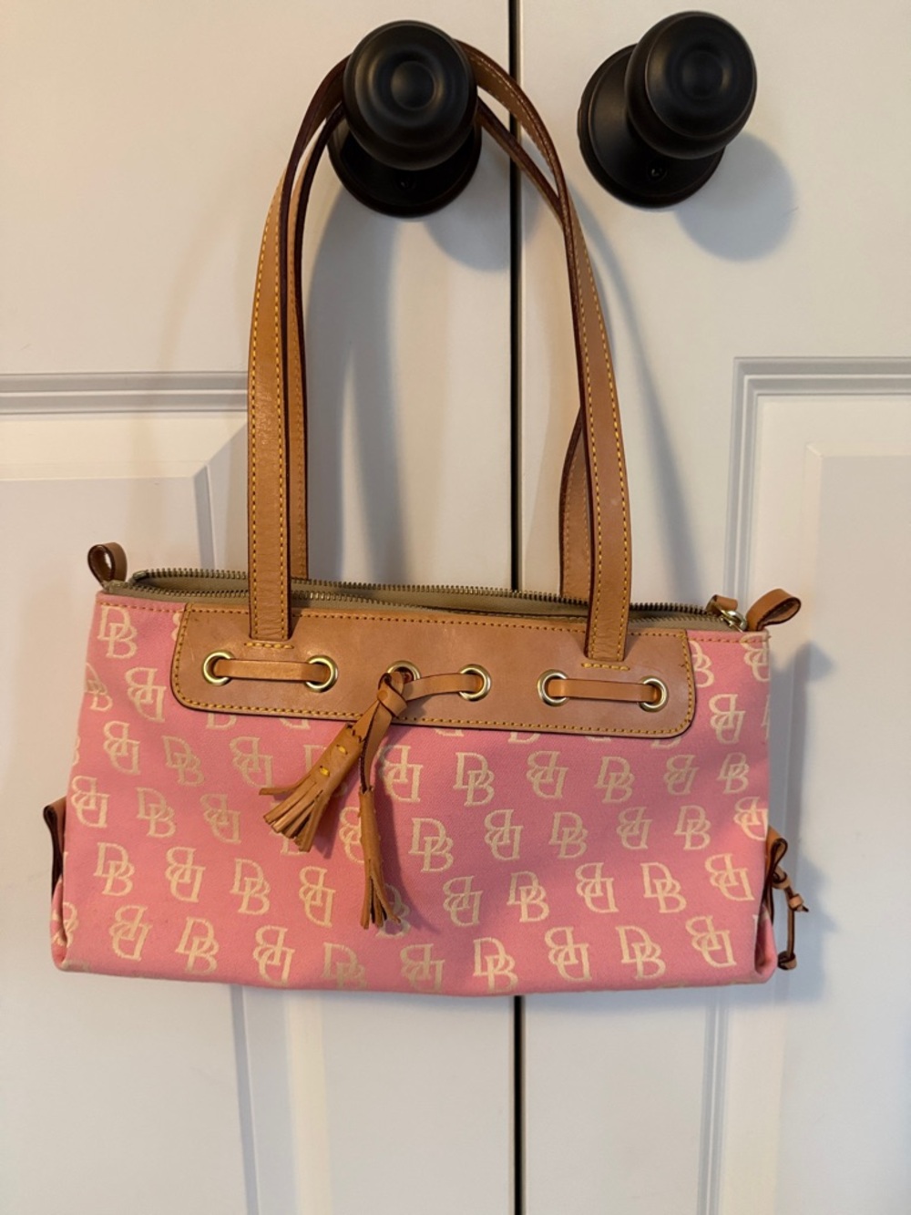 Dooney & Bourke Pink Logo Jacquard Shoulder Bag with Tan Trim